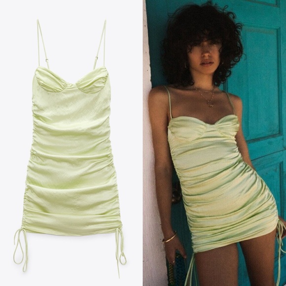 Zara Ruched Satin Dress Light Green - Picture 1 of 9